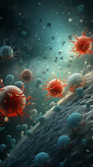 Dramatic visualization of cancer cells under attack by chemotherapy agents, dark and moody background enhancing the battle scene