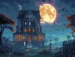 A haunted pixel mansion, ghosts and cobwebs, eerie full moon