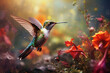 Hummingbird hovering near a wildflower, wings in rapid motion, showcasing the dynamic energy of tiny wildlife
