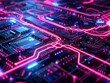 Vivid neon circuitry sprawling across a dark void, lines glowing intensely in electric blue and vivid pink, suggesting an advanced digital world