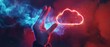 A hand holding up an illuminated neon cloud symbol against a dark background, representing the concept of digital storage and multi-cloud use in business technology Generative AI