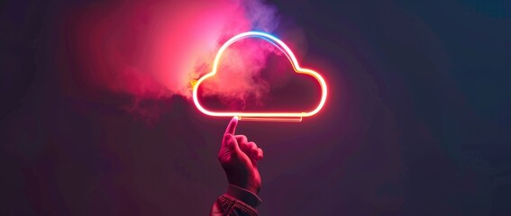 Poster - a hand holds up an illuminated neon cloud symbol against a dark background, representing the concept