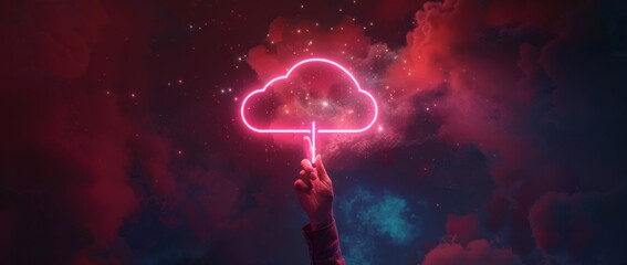 Poster - a hand holding up an illuminated neon cloud symbol against a dark background, representing the conce