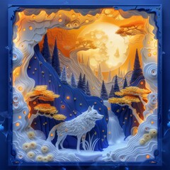 abstract background with wolf in snowy winter forest 3d