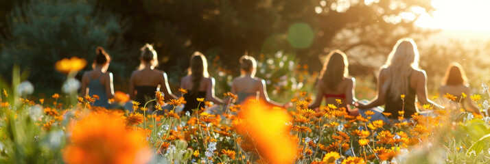 Poster - A gathering of individuals seated in a vibrant field filled with colorful flowers, enjoying the beauty of nature