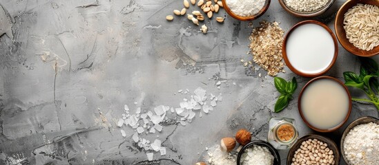 Different vegan plant-based milks and ingredients arranged on a grey surface, seen from above, with empty space for text. Non-dairy milk alternative, promoting a healthy diet.