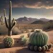 An arid desert landscape with cacti and rock formations3