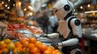 Humanoid robot placing fresh fish in a market selling fresh produce. Conceptual image on the robotization of labor