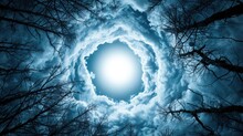 A Blue Sky With White Clouds, A Circle Of Light In The Center And A Ring Of Bare Tree Branches Surrounding This Circle.
