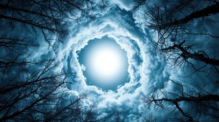 Wall Mural - A blue sky with white clouds, a circle of light in the center and a ring of bare tree branches surrounding this circle.