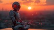© Nemesio - Humanoid robot practicing yoga on a city rooftop at sunset. Conceptual image of inner well-being