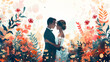 Postcard in wedding style - newlyweds at the wedding ceremony, minimalism, flat art, illustrations, happy couple getting married, inscription Wedding