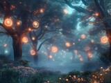 Fototapeta  - A forest with glowing orbs hanging from the trees. The orbs are lit up in various colors, creating a magical and ethereal atmosphere. Concept of wonder and awe, as if one is entering a mystical realm