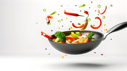 Sticker - Vibrant vegetables tossed in the air with a pan, capturing the essence of healthy cooking. Fresh, colorful, dynamic kitchen scene. Perfect for culinary themes. AI