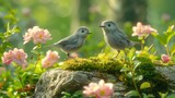 Fototapeta  - Two songbirds perch on rock amidst pink flowers in plant community