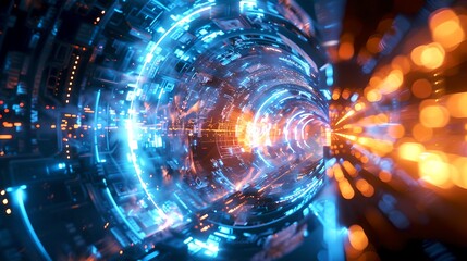 Aufkleber - Vibrant abstract tunnel with dynamic light effects. Futuristic digital backdrop for tech concepts. Ideal for wallpapers and backgrounds. High-tech visual journey concept. AI