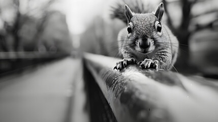 Wall Mural - A photo of a playful squirrels ears with tiny hairs jumping on a shiny silver metal fence.