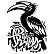 Hornbill silhouette, animal graffiti tag, hip hop, street art typography illustration.