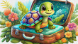 oil painting style CARTOON CHARACTER CUTE baby turtle sitting on open suitcase the pet in the trip