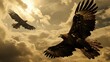 A stunning view of a pair of golden eagles soaring side by side, their majestic wingspan casting shadows over the rugged mountain terrain below