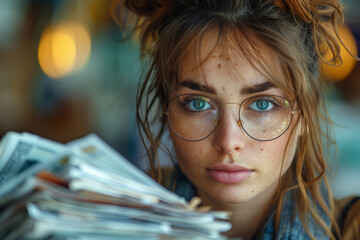 Poster - a person staring at a stack of overdue bills with a furrowed brow, feeling the weight of financial s