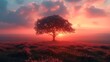 A tree stands gracefully in the field under the afterglow sky
