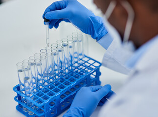Poster - Hands, test tubes and pharmaceutical development for drugs, medicine and medical research. Person, laboratory and discovery for innovation, life extension and professional biochemistry science