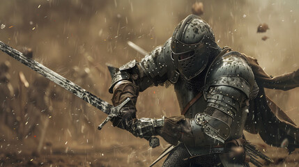 A theatrical image of a knight charging with a sword in his hands. he is carrying many weapons on the battlefield. He has a helmet and wears a silver armor