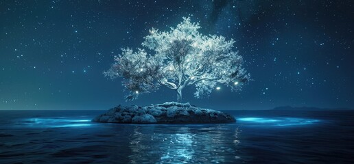 Poster - glowing tree on night, beautiful view