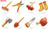 Fototapeta Panele - Gardening Tools. Rake, hand pruners, berries, rubber boots, axe, shovel, saw, watering can. 3d vector icon set