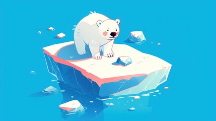 Poster - A hand drawn 2d illustration of a polar bear standing on an ice floe depicted in an isometric style with flat colors