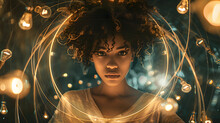 A Young Woman With Curly Hair Stands In The Center Of An Abstract Space. Surrounded By Glowing Light Bulbs And Wires That Form A Circular Pattern Around Her