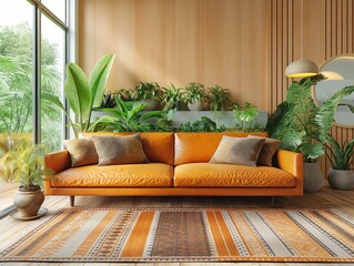 Wall Mural - A living room with a large orange couch and a variety of potted plants. The room has a warm and inviting atmosphere, with the plants adding a touch of nature