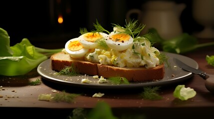 Wall Mural - Toast with scrambled eggs and vegetables on a wooden table, closeup