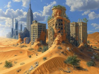 Wall Mural - A desolate desert landscape with a ruined city in the background