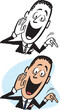 A vintage retro cartoon of an excited businessman pointing at something interesting. 