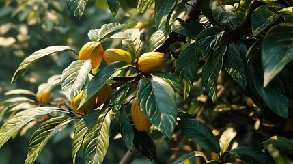 Wall Mural - A serene view of an avocado tree showcasing its heavy clusters of rich, green fruit nestled among lush foliage, thriving in the gentle sunlight.