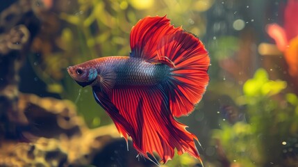 Wall Mural - Close-up of a graceful betta fish displaying its flowing fins and vivid colors in an ornamental tank