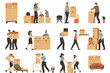 Movers and delivery workers carrying boxes and furniture. Moving house, people packing things into boxes vector icon, white background, black colour icon