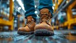 Ready to Tackle the Shift: Factory Worker's Safety Boots on Duty. Concept Factory Safety, Work Footwear, Industrial Shift, Protective Gear, Health & Safety