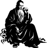 Fototapeta Koty - Tranquil Tobacco Old Gentleman Smoker Logo Ancient Elixir Long Bearded Asian Icon