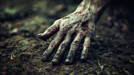 Poster - A close up of a person's hand covered in dirt, AI