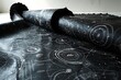 : A giant scroll made of black paper, slowly unfurling to reveal intricate white line drawings on its surface. The drawings depict scientific diagrams, formulas, and symbols. Warm 