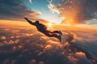 A Breathtaking Snapshot of a Skydiver Soaring Against a Sunset Sky, Embracing the Warm Glow of Dusk