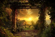 : A Hidden Arbor Draped With Grapevines, Framing A View Of The Sunset Sky.