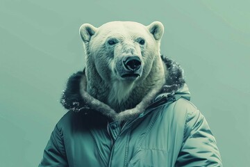 Wall Mural - polar bear in human clothing against solid color background studiostyle portrait surreal digital illustration