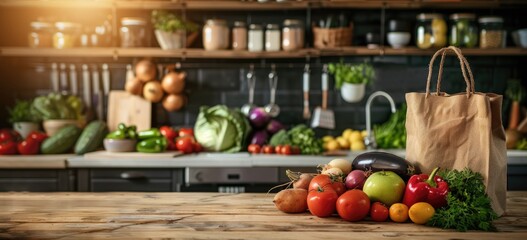 Wall Mural - wooden table  in kitchen with fresh vegetables and brown bag 