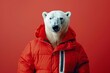 polar bear in human clothing against solid color background studiostyle portrait surreal digital illustration