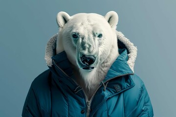 Wall Mural - polar bear in human clothing against solid color background studiostyle portrait surreal digital illustration