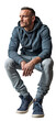 An Isolated sitting handsome young man wearing blue jeans and a blue hooded sweatshirt, cutout on transparent background, ready for architectural visualisation.	png